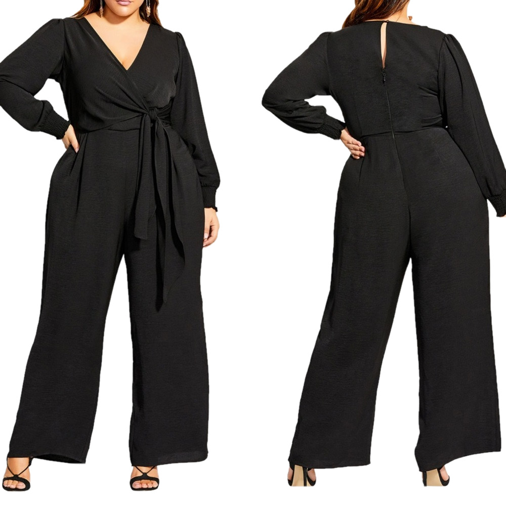 City Chic Women's Trendy Synthesis Jumpsuit Black Size 20 wide leg